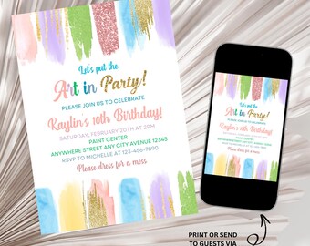 Invitación de cumpleaños de arte, invitación de cumpleaños para fiesta de pintura, invitación para fiesta de arte, invitación con pincel pastel arcoíris, plantilla de invitación para fiesta de manualidades