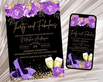 Purple Gold Birthday Invitation, Adult Purple Invitation, Purple & Gold Birthday Invite, Women Birthday Invitation Template Digital Download