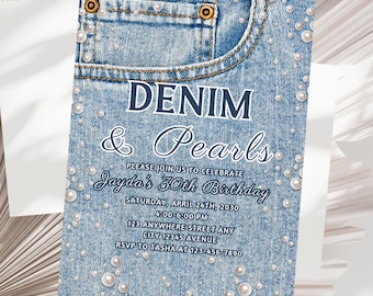 Denim and Pearls Birthday Invitation Template Editable Denim Birthday Invitation for Adult Denim Party Invitation Printable Pearl and Denim