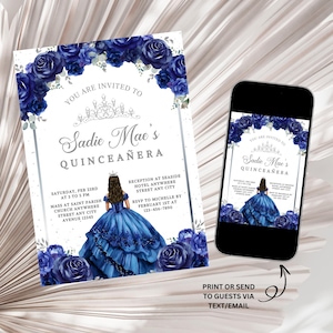 Royal Blue and Silver Quinceañera Invitation, Mis Quince Anos Invite, Girl 15th Birthday Invitation, Blue Floral Birthday Invite Template