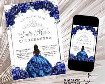 May include: A blue and silver Quinceañera invitation with a floral border and a crown. The invitation features a drawing of a young woman in a blue dress. The text on the invitation reads "You are invited to Sadie Mae's Quinceañera".