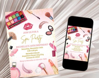 May include: Pink and gold spa party invitation with makeup and beauty products.  Join us for a Spa Party. Michelle's 10th Birthday. Saturday, November 24th. 2:00-4:00 pm. Michelle's House. Anywhere Street Any City. Avenue St 12345. Rsvp to Natasha at 123-456-7890.