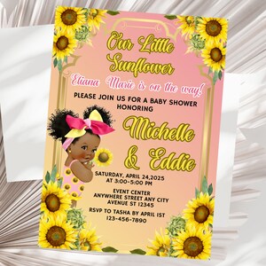 Redigerbar solros babyshowerinbjudan afroamerikansk babyshower vår lilla solros babyshowerinbjudningsmall digital nedladdning