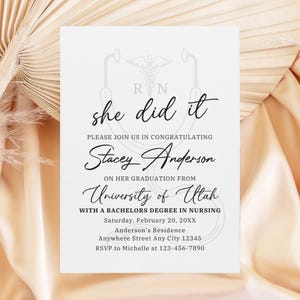 She did it Nurse Graduation Party Invitation, Registered Nurse Invite, Nursing Graduation Invitation, Graduation Party Invitation Template