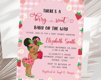 Invitación editable para baby shower con fresas, decoración para baby shower con dulces bayas, temática de baby shower con fresas, invitación para baby shower con fresas afro