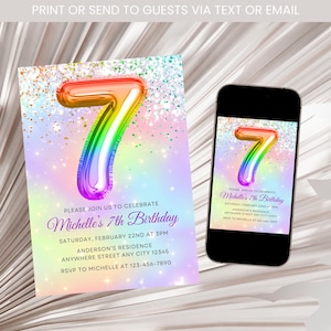 Rainbow 7th Birthday Invitation, Girl Rainbow Birthday Invite, 7th Birthday Invitation, Rainbow Balloon Seventh Birthday Invite Template