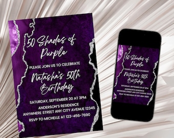 Shades of Purple Birthday Invitation, Adult Purple Birthday Invite, Birthday Dinner Invitation, Purple and Silver Birthday Invite Template