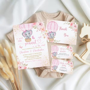 Girl Elephant Baby Shower Invitation Set, Pink Elephant Baby Shower Set, A sweet little Peanut Elephant Baby Shower Invitation Template