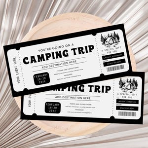 Camping Trip Ticket Gift Voucher, Camping Trip Gift Certificate, Weekend Getaway Gift Card, Surprise Trip Birthday Gift Certificate Digital