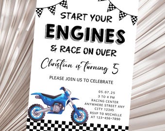 Editable Dirt Bike Birthday Invitation Boy Race Party Invite Race On Over Birthday Invite Blue Dirtbike Invite Outdoor Birthday Motorcycle