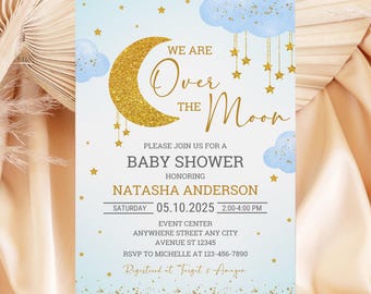 We Are Over The Moon Baby Shower Invitation, Blue Twinkle Twinkle Little Star Baby Shower Invite, Boy Over the Moon Baby Sprinkle Invitation