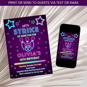 Bowling Birthday Invitation, Girl Bowling Party invitation, Let&#39;s Strike Up Some Fun Bowling Invite, Neon Birthday Invitation Template