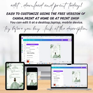 Puede incluir: Un dise&ntilde;o digital que se muestra en una computadora de escritorio, tableta, tel&eacute;fono inteligente y computadora port&aacute;til. El dise&ntilde;o presenta el texto "Welcome to Sadie Mae's Quincea&ntilde;era" y un gr&aacute;fico de una mujer con un vestido verde. El texto "edit, download and print today!" tambi&eacute;n es visible.
