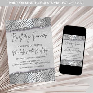 Silver Glitter Birthday Invitation, Adult Silver Birthday Dinner Invitation, Silver Glitter Invite, Silver Agate Birthday Invite Template