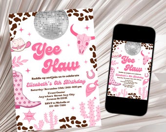 Space Cowgirl Birthday Invitation, Cowgirl Invite, Disco Rodeo Party Inviteation, Pink Cowgirl Birthday, Rodeo Dance Party Invite Template