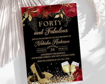 Red Gold Birthday Invitation, Red Floral Adult Invitation, Red Birthday Invitation, Women Birthday Invitation Template Digital Download