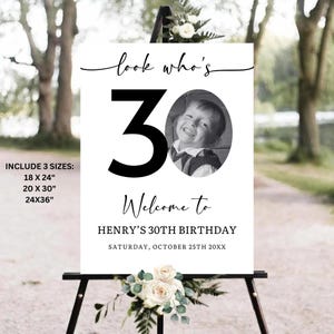 Editable 30th Birthday Welcome Sign, Look Who&#39;s 30 Photo Welcome Sign, Modern 30th Birthday Welcome Sign, Adult Birthday Poster Template