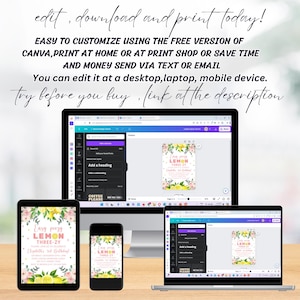 May include: A digital mockup showing a printable invitation for a child's birthday party. The invitation features a lemon theme with the text "Easy peasy Lemon Three-zy" and a yellow lemon graphic. The invitation is shown on a desktop computer, laptop, tablet, and smartphone.