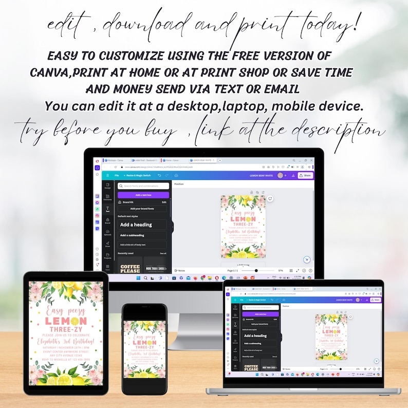May include: A digital mockup showing a printable invitation for a child's birthday party. The invitation features a lemon theme with the text "Easy peasy Lemon Three-zy" and a yellow lemon graphic. The invitation is shown on a desktop computer, laptop, tablet, and smartphone.