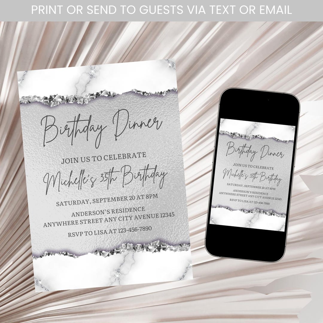 Silver Invite Silver Birthday Invitation, Adult Birthday Dinner Invitation, Silver ...