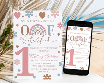 May include: A birthday invitation with the text "Isn't she lovely, isn't she" and "One derful". The invitation includes a rainbow, hearts, and flowers. A smartphone displays the same invitation.