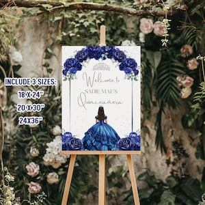 Royal Blue Quinceañera Welcome Sign, Mis Quince Anos Welcome Board, Girl 15th Birthday Sign, Blue Floral Welcome Sign, Quinceañera Princess