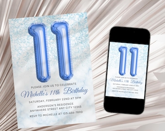 Blue 11th Birthday Invitation, Girl Glitter Birthday Invite, Girl 11th Birthday Invite, Blue Foil Balloon Eleventh Birthday Invite Template