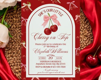 Cherry Birthday Invitation, Cherry Invite, Cherry On Top Template Digital Download