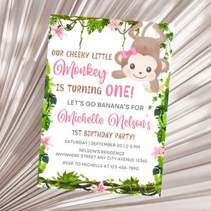 Monkey Birthday Invitation, Editable Jungle Monkey Birthday Party Invite, Jungle Animal Birthday Invitation, Girl Monkey 1st Birthday Invite