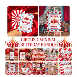 May include: A collection of circus-themed birthday party supplies, including invitations, a welcome sign, and decorations. The designs feature red, white, and blue colours, circus tent illustrations, and the text "Eddie's 5th Birthday!"