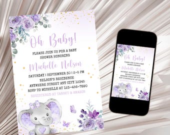 Könnte beinhalten: Lila und graue Babyparty-Einladung mit einer niedlichen Elefantenillustration und floralen Akzenten. Die Einladung lautet "Oh Baby!" und enthält den Text "Bitte schließen Sie sich uns zu einer Babyparty zu Ehren von Michelle Nelson an".