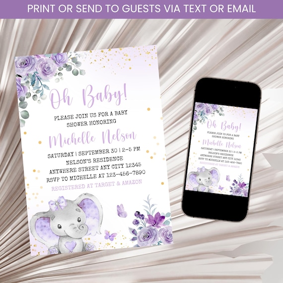Elephant Baby Shower Invitation, Purple Elephant Baby Shower Invite, Oh  Baby, Floral Elephant Girl Baby Shower Invitation Template - Main Image