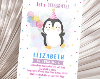 Editable Penguin Birthday Invitation, Girl Winter Party Invitation, Arctic Animal Birthday Invite, Penguin Invitation Digital Template