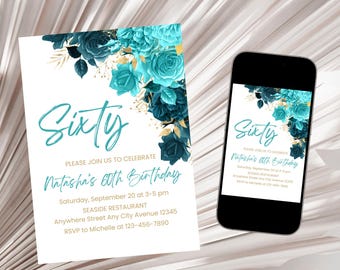 Teal Birthday Invitation, Gold and Teal Party Invite, Adult Birthday Invitation,Turquoise Women Invitation Template Digital Download