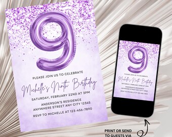 Purple 9th Birthday Invitation, Girl Glitter Birthday Invite, Girl 9th Birthday Invite, Purple Foil Balloon Ninth Birthday Invite Template