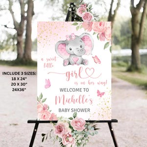 Redigerbar välkomstskylt för babyshower med elefant för flicka, rosa elefantskylt för babyshower, en söt liten välkomsttavla för babyshower med jordnötselefant