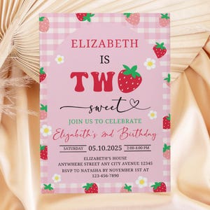 2つの甘いイチゴを使った2歳の誕生日招待状、イチゴを使った誕生日招待状、ベリーを使った甘い誕生日招待状、女の子の2歳の誕生日テンプレート