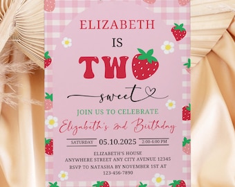 Two Sweet Strawberry Second Birthday Invitation, Strawberry Birthday Invite, Berry Sweet Birthday Invitation, Girl 2nd Birthday Template