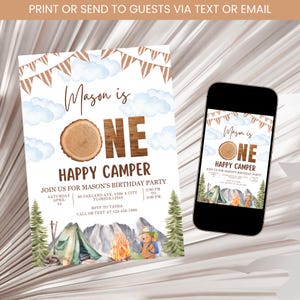 Camping First Birthday Invitation, One Happy Camper Birthday Invite, One Happy Camper Invite, Boy First Birthday Invitation, Camping Digital