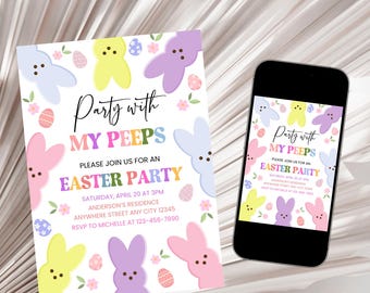 Party with my Peeps Invitation, Easter Party Invitation, Easter Bunny Invite, Easter Egg Hunt Invitation, Easter Invitation Template Digital