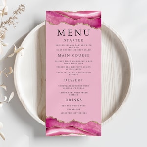 Pink Menu Card, Table Menu, Birthday Invitation Menu Card, Women Birthday Menu Template, Pink and Gold  Food Menu Template Digital Download