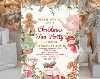 Editable Christmas Tea Party Invitation, Christmas Party Invite, Holiday Tea Party Invite, Winter Party Cookie Gingerbread Hot Cocoa Invite