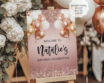 Women Birthday Welcome Sign, Birthday Dinner Welcome Board, Rose Gold Birthday Welcome Poster Template Digital Download