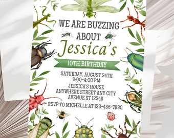 Invitación de cumpleaños editable con temática de insectos, invitación de cumpleaños con bichos, invitación para fiesta de cumpleaños con bichos e insectos, invitación digital con temática de insectos