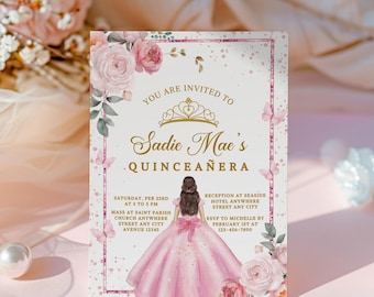 May include: A pink and gold Quinceañera invitation with a floral design and a crown. The text reads "You are invited to Sadie Mae's Quinceañera". The invitation includes details about the event, including the date, time, and location.
