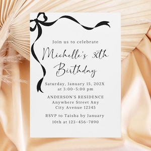 Black Bow Birthday Invitation, Ribbon Birthday Invite, Bow Adult Birthday Invite, Coquette Birthday Invite Template Digital Download