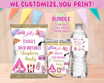 Bolsas de patatas fritas para fiestas de pijamas. Bolsas de recuerdo para fiestas de cumpleaños. Ideas para bolsas de patatas fritas personalizadas para fiestas infantiles. Etiquetas personalizadas para bolsas de fiesta de cumpleaños.
