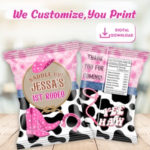Cowgirl Birthday Party Chip Bag 1st Rodeo Birthday Printables Western Cowboy Editable Chip Bag Template 1st Rodeo Birthday Party Favor Bag