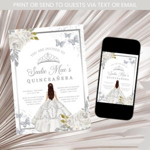 May include: A Quinceañera invitation with a silver and white floral design. The invitation features a drawing of a young woman in a white dress with a tiara. The text on the invitation reads "You are invited to Sadie Mae's Quinceañera".