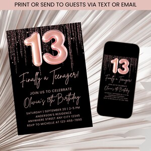 13th Birthday Invitation, Finally a Teenager Invite, Rose Gold Birthday Invite, Girl Teens Text Invitation Template Digital Download